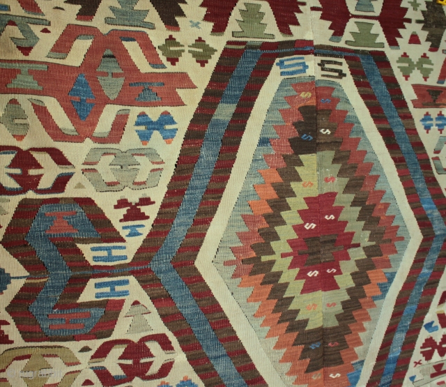 Late 19th century West Anatolian Aydin Cine kilim, a recent arrival from a number of collectible antique kilims found in Turkey in October. This two piece dowry kilim is in very good  ...