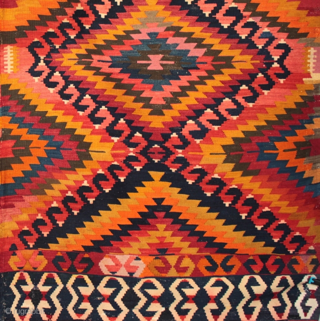 Striking antique Anatolian 'eye dazzler' kilim from the Taurus Mountains, Antalya area.

Continuing the spectacular orange theme (see the Gaziantep rug posted on Rugrabbit earlier) here is another recent arrival from finds made  ...