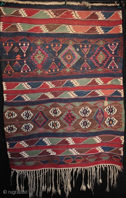 Small circa 3rd quarter 19th century Anatolian kilim from Malatya, probably Sinan village or one of the surrounding villages now also under the Karakaya dam. The top fringe plaited in Kurdish style  ...