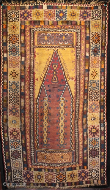 Large antique Anatolian prayer kilim from Yahyali.

From the 1st quarter of the 1900s and in excellent unrestored original condition with two small professional repairs to a slight separation in a 2cm length  ...