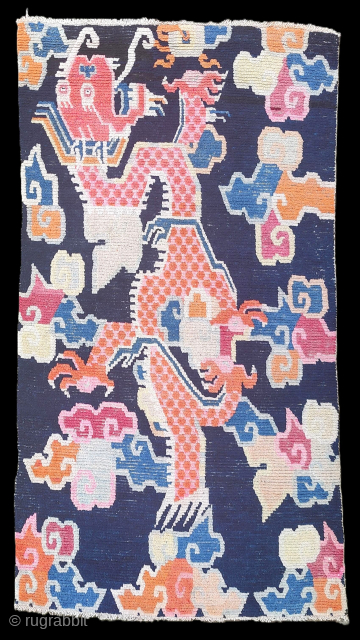 Powerful dragon flying through clouds.
Pair of Tibetan dragon rugs 164x88cm each
Early 20thC
Email: yamdrok108@gmail.com
IG: yamdrok_gallery