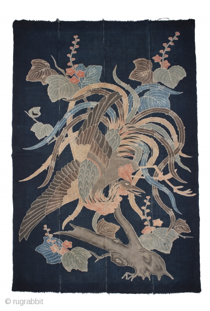 Japanese cotton futon cover with phoenix design in tsutsugaki (rise paste resist dyeing, late 19th century, in indigo and colours
190 by 130 cm, in good condition except few small holes repaired  