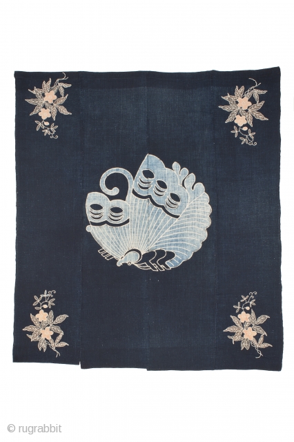 Japanese cotton indigo Noren (curtains) in tsutsugaki (rice paste resist dyeing)with stylized butterfly in the centre and flowers on the corners in slight colours, late 19th - early 20th century, 140 by  ...