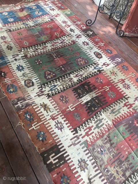 Antique Sivas Kilim . Over 150 years old.  It is natural dye. The original rug is as it has never been touched. It has not been washed.Wool to wool there is  ...