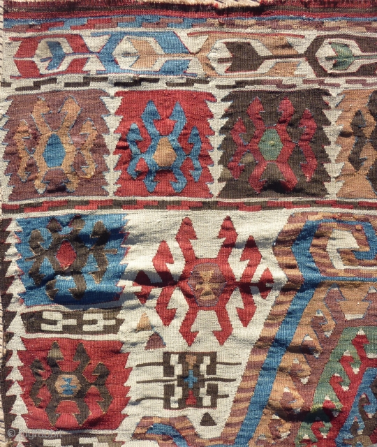 Antique and rare 2 bands anatolian kilim. Very nice colors and design scale, complete. Just needs a bath to shine again...For a forum discussion on this special family of kilim: http://www.turkotek.com/misc_00110/kilim_frag.htm  