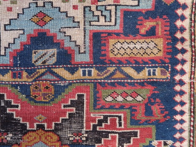 Rare, fine, and colorful, antique Lesghi rug fragment ( 172 cm. x 80 cm.)
Condition visible on pictures back and front. Unfortunates reweavings in the black, but considering the overall condition it's a  ...