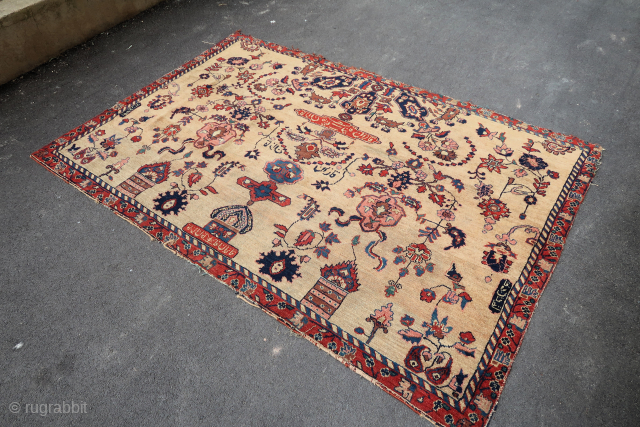 Unique, beautiful and old, Kerman persian rug ( 205 cm. x 138 cm.) The dyes are good and harmonious, the wool is soft with a camel hair background and fine cotton foundation.  ...