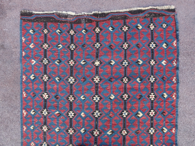 Rare and beautiful fragment of an Avar caucasian kilim (224 cm. x 135 cm.)
Interesting archaic positive/negative design.
Condition as shown, some scattered repairs, wear and losses.
Shipping at cost worldwide     