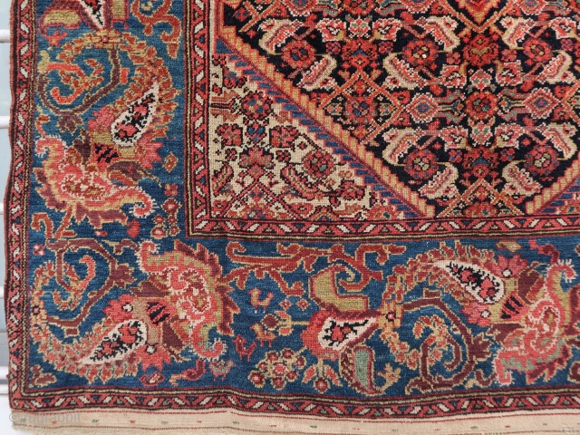 Old and colorful unusual Malayer rug (200 cm x 130 cm)
Cristal clear colors including a nice green , blue and aubergine, heavily abrashed, overall good condition. Luxuriant boteh border, some small birds  ...