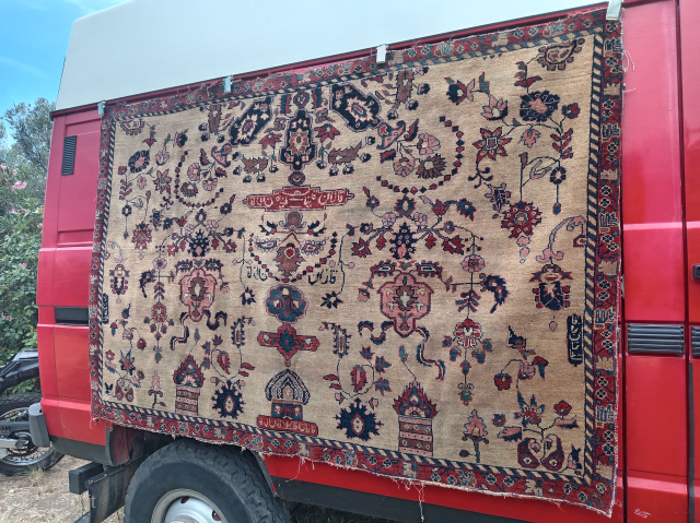 Unique, beautiful and old, persian rug ( 205 cm. x 138 cm.) The dyes are good and harmonious, the wool is soft with a camel hair background and fine cotton foundation. Uneven ...