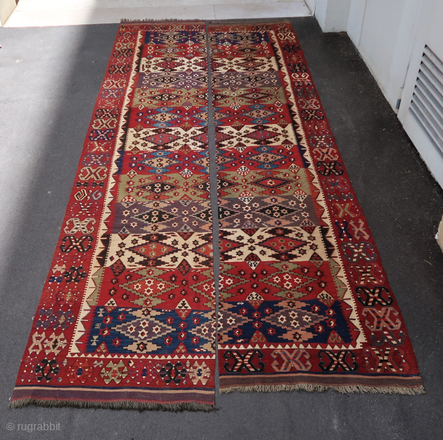 Old and colorful South East Anatolian kilim (Approx. 363 cm. x 75 cm. + 353 cm. x 75 cm. / 12' x 2,5' + 11,6' x 2,5') Better than most, very good  ...