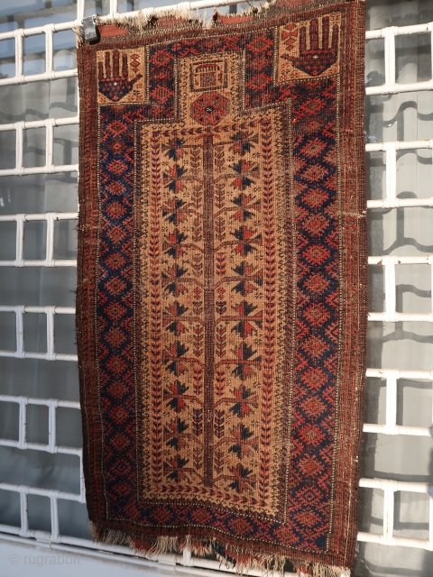 Attractive and old Baluch tree prayer rug with hands and amulets (123 cm. x 72 cm. without skirts) Typical baluch weaving, complete, good dyes, condition visible on pics. Rustic and personal thing  ...