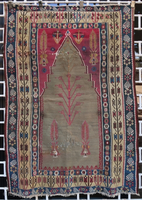 Old and fine dated Erzurum prayer kilim (180 cm. x 124 cm.) Fine weaving with golden and silver threads. Stains and repairs visible on pictures (hd pics on demand). Price unrelated to  ...