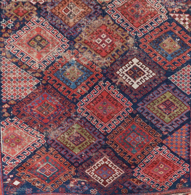Old and rare colorful Afshar rug (165cm x 130 cm) without kilim skirts (7/10 cm at each end) Unusual field design with a very personal way to fill in the empty spaces  ...