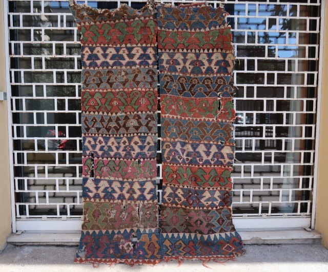 Old colorful and wild anatolian kilim (in 2 bands, approx. 245 cm x 72 cm each) Wonderful colors, primitive and unique design. Could make a powerful wallhanging, especially in a modern interior.  ...