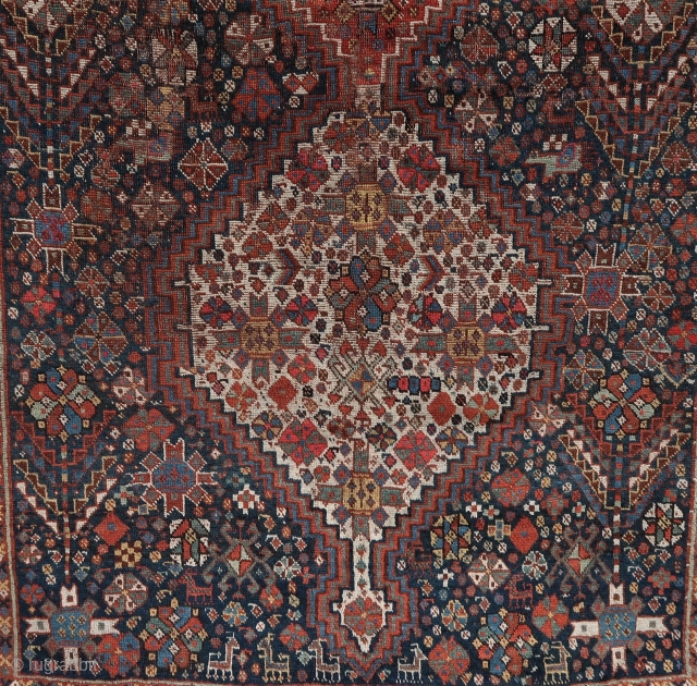 Old and rare Khamseh oer Lurs rug (230 cm. x 130 cm.) Rare design, not sure about the tribe... Some wear, selvedges reovercasted, one obvious synthetic dye but authentic piece, all is  ...