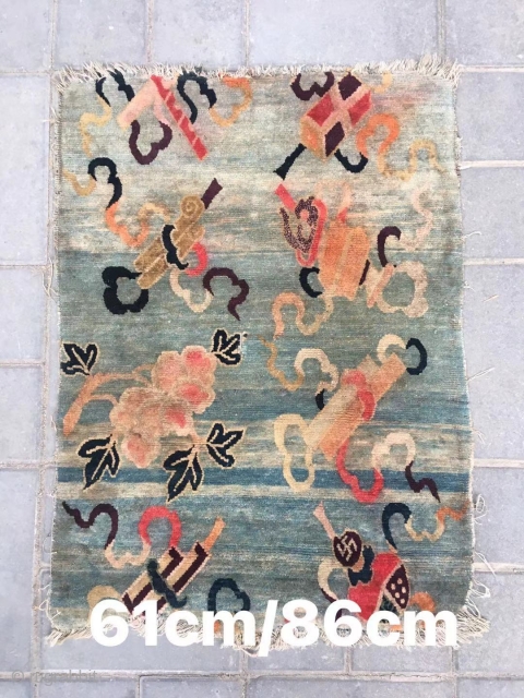 Tibetan rug, moon blue background with Chinese eight treasure veins. About mid Qing Dynasty, good age. The row knitting very tightly . Size 61*86cm( 24*34”)        