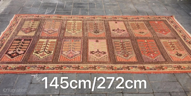 Xinjiang rug, it was produced in Khotan area Xingjiang province , very late Qing Dynasty, circa 1915. Very rare pattern . Good age and condition. Size 145*272cm(57*106”)      