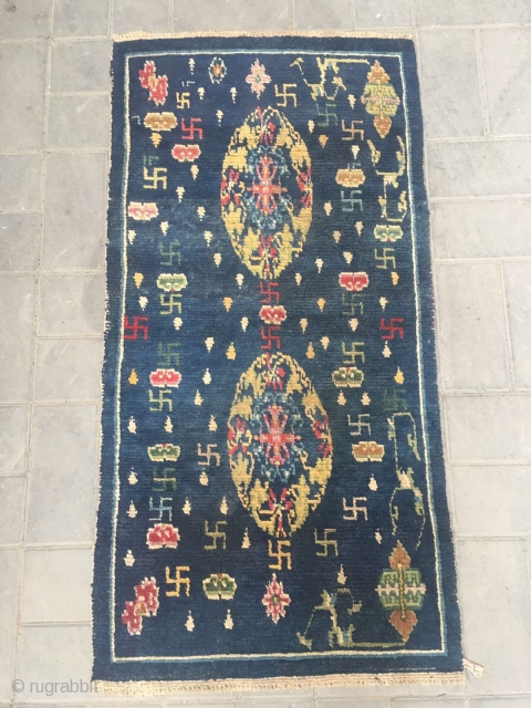 #2056 Tibet rug, blue background with colorful flower group pattern, around full of Buddha fingers , lucky cloud and flowers veins. Very good age, wool warp and weft, size 151*76cm (59*30")  