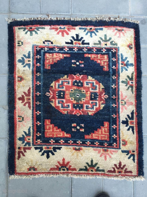 #2075 Tibet rug, blue background with single medallion flower pattern, around with beautiful colorful flowers selvage. Good age and quality. The wool of the rug very good and bright. Wool warp and  ...