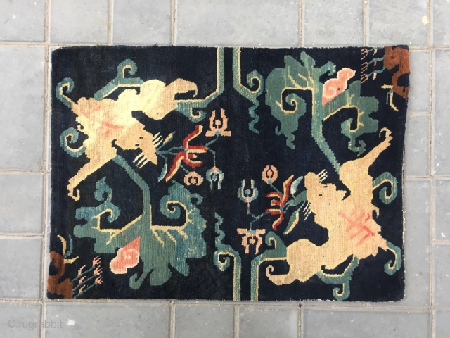 #2081 Tibet rug, blue backgound with double bat with flower and lucky cloud veins. In Chinese, the pronunciation of Fu of bat (Bian Fu) is same with prinunciation of Fu of happiness,  ...