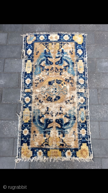 #2026 Ningxia rug, light camel background with foo dogs pattern, it was produced earlier Qing Dynasty, good age. Size123*62cm(48*24")              