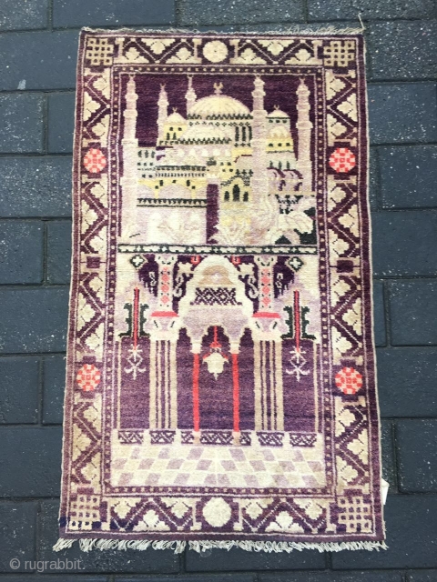 #1886 Ningxia rug, very nice Muslem pray rug, purple background with mosque veins and flower selvage, good age and quality.size 114*67cm(44*26'')            