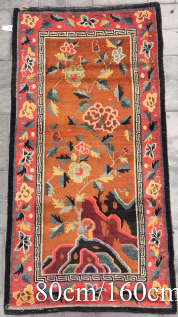 Tibet rug, yellow background with beautiful flowers veins. Good age and condition. Size 80*160cm(31*62”)                   