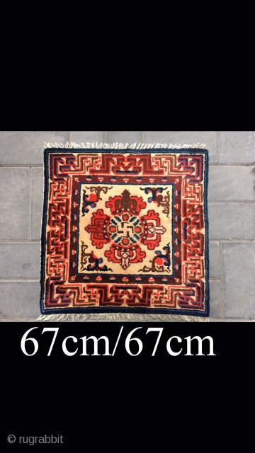 Chinese Ningxia rug, yellow background with Buddha wheel veins. Good age and condition. Size 67*67cm(26*26”)                  