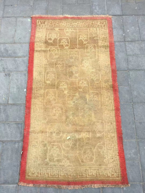 Tibet rug, yellow background with full of lotus pattern. More than 150 years old. Wool warp and weft, no any repair. Size 80*152cm(31*59”)          