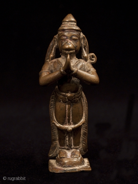 Hanuman, the monkey god, India. Lost wax cast bronze. 4.75" (12 cm) high. 17th century.

Hanuman, known also as Anjaneya, is one of the most important personalities in the epic Ramayana. He accompanied  ...