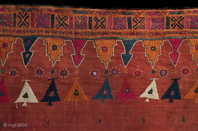 Embroidered skirt. Sindh region, Pakistan. Used by a Sodha family. 19.5" by 88" (50 by 224 cm). Silk, cotton thread and mirrors on linen. I've not washed this piece, so I'm not  ...