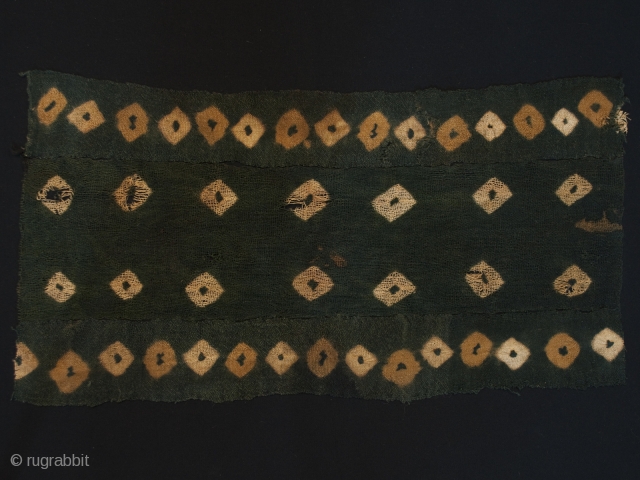 Textile fragment, Nasca culture, Peru. 6-8th c. A.D. camelid wool. 21" (53.3 cm) by 11" (28 cm) mounted on a larger piece of black cotton fabric. Wonderful colors, damage as seen in  ...