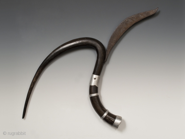 Rice cutter,
Khymer culture, Cambodia.
Horn, aluminum,
11.5" (29.2 cm) high, 20.5" (52 cm) wide.
Mid-20th century.
The gracefully curved part of the ox horn was used to gather a handful of rice plants and then with  ...