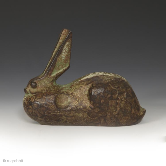 Cast iron rabbit okimono, Japan. 2.25" wide by 4.5" deep by 3.75" high. Last year, a small group of cast iron animals was found in a burlap bag in a rural peddler's  ...