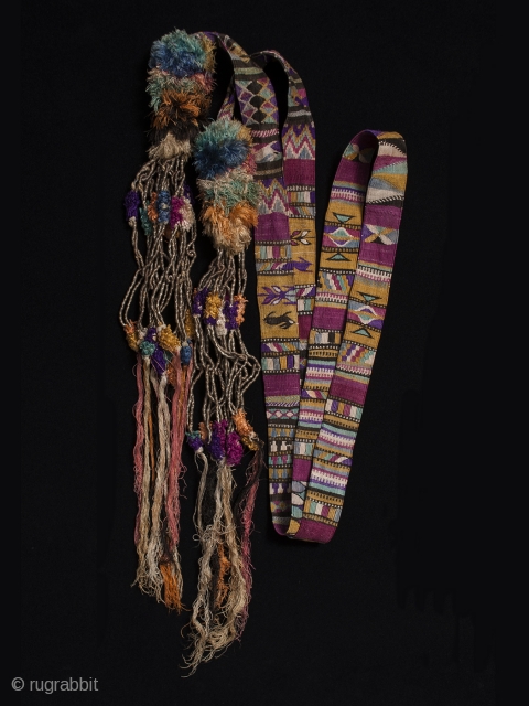 Ceremonial cinta (hair ribbon). Totonicapán, Guatemala. Cotton and silk, woven by hand on a backstrap loom. 111" by 1.25"              