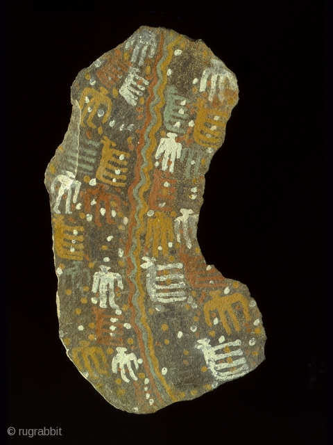 Large stone pictograph,
Inca culture, Chucu, Arequipa, Peru,
Stone, resin pigments,
38.5" (98 cm) high.
Inca Period, ca. 1000-1400 A.D.
Painting on one face depicts a river running through the center with humans and hooved animals on  ...