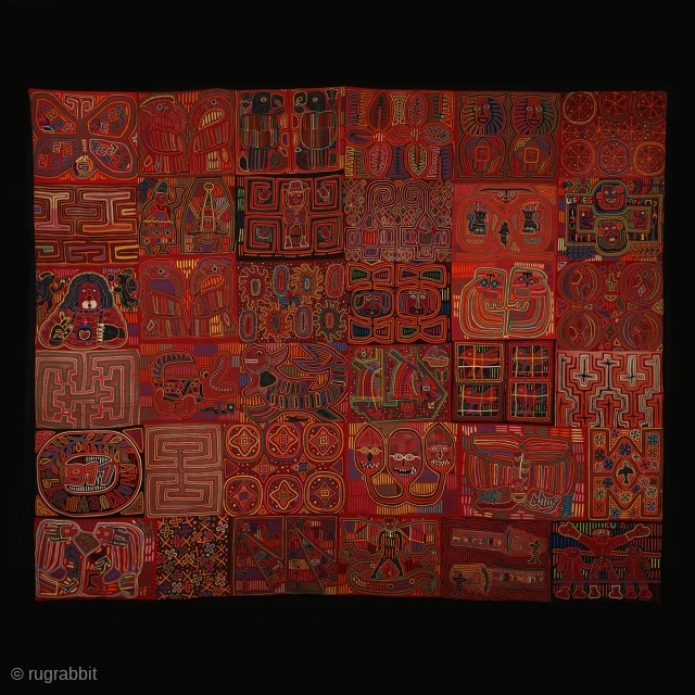 Mola quilt, Kuna People, San Blas Islands, Panama. Cotton, 74 inches (187 cm) high, 96 inches (243 cm) wide. 20th century. This large quilt is composed of thirty-six molas. Molas depicting various  ...