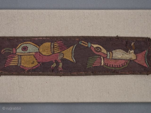 Border fragment to a mantle,
Nasca culture, Peru.
Camelid wool yarns (alpaca, llama and vicuna), natural dyes,
100 B.C. to 100 A.D.
24" (61 cm) wide by 2" (5 cm) high.
Professionally restored and mounted.
Six colorful cormorants  ...