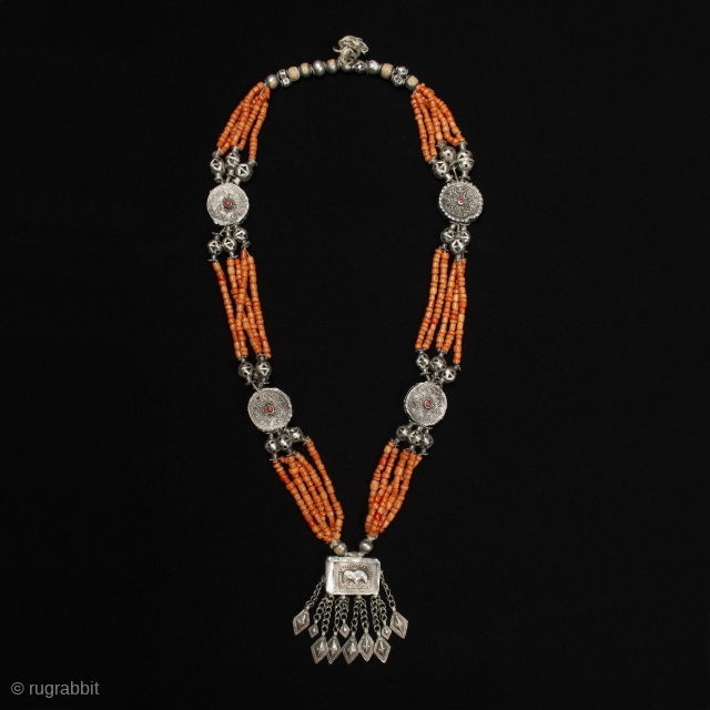 A beautiful coral and silver wedding necklace from Tajikistan, Central Asia. 33 inches (84 cm) interior circumference, 178 grams. Late 19th - early 20th century.        