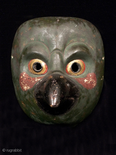 Karasu (crow) Tengu mask, Japan.
Kiri wood, pigments, gold leaf.
6.75" (18 cm) high by 6" (14 cm) wide.
Late Edo-early Meiji, 19th century.

This bird mask represents Karasu Tengu, a mythical demon fighter who trained  ...
