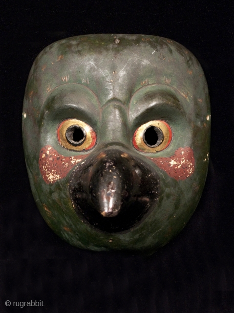 Karasu (crow) Tengu mask, Japan.
Kiri wood, pigments, gold leaf.
6.75" (18 cm) high by 6" (14 cm) wide.
Late Edo-early Meiji, 19th century.

This bird mask represents Karasu Tengu, a mythical demon fighter who trained  ...