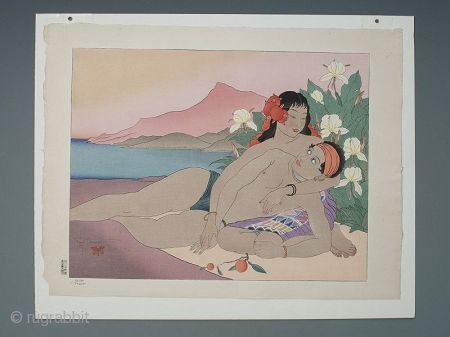 Woodblock "Calme. 'truck' " by Paul Jacoulet 1941

Woodblock "Calme.'truck' " by Paul Jacoulet 1941, showing two Polynesian lovers in a scenic outdoors setting. Signed in pencil "Paul Jacoulet" with a red butterfly  ...