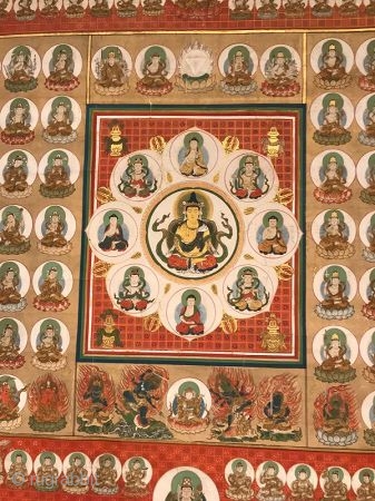 Large Japanese Womb of the World Mandala Scroll Painting
Antique Japanese Buddhist Womb of the World Mandala Scroll Painting. Dated early 18th century with temple in Kyoto. Central figure of Buddha immediately surrounded  ...