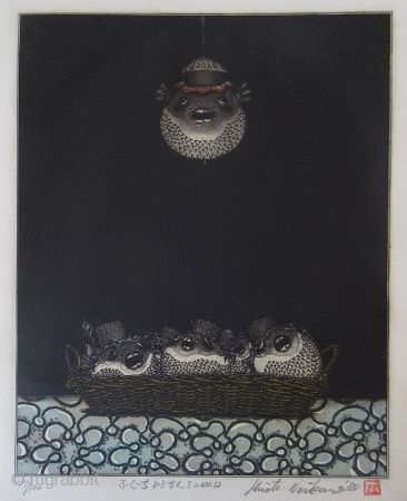 Hiroto Norikane Print of Puffer Fish Lanterns
Japanese print by Hiroto Norikane (b. 1949-), aquatint of puffer fish lanterns in a basket with one fish lantern hanging overhead by a string. Numbered 97/120,  ...