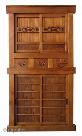 Antique Japanese 2 Section 3ft Mizuya
Japanese 2 section Mizuya (kitchen chest of drawers) made with Hinoki (cypress) wood frame and Sugi (cedar) panels, with natural hardwood burl front drawers panels. The top  ...