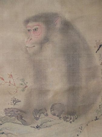 Japanese Scroll Painting of a Monkey
Antique Japanese scroll painting of a monkey seated near a blossoming peony. Painted with great expression and much attention to the details of the face, hands and  ...