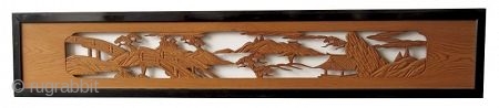 Antique Japanese Ranma (transom)
Antique Japanese wood ranma (transom) with a black lacquer frame. The center panel is carved with a landscape scene of a bridge with pine trees and rock formations. 

Dimensions:  ...