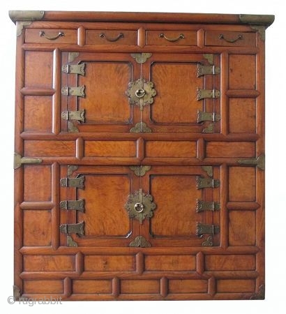 Korean Personal Single Section Cabinet
Antique Korean single section cabinet made with elm wood and hardwood burl panels. Hardware is made of brass. Beautiful rich patina. The upper portion has four small drawers  ...