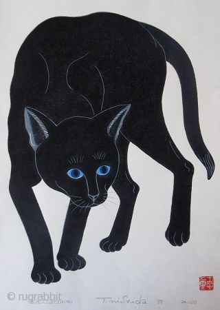 Japanese Nishida Tadashige Print - Black Cat
Japanese woodblock print of a black cat with piercing blue eyes. Titled "Black Cat", # 24/100 in its series, signed T. Nishida in pencil with red  ...